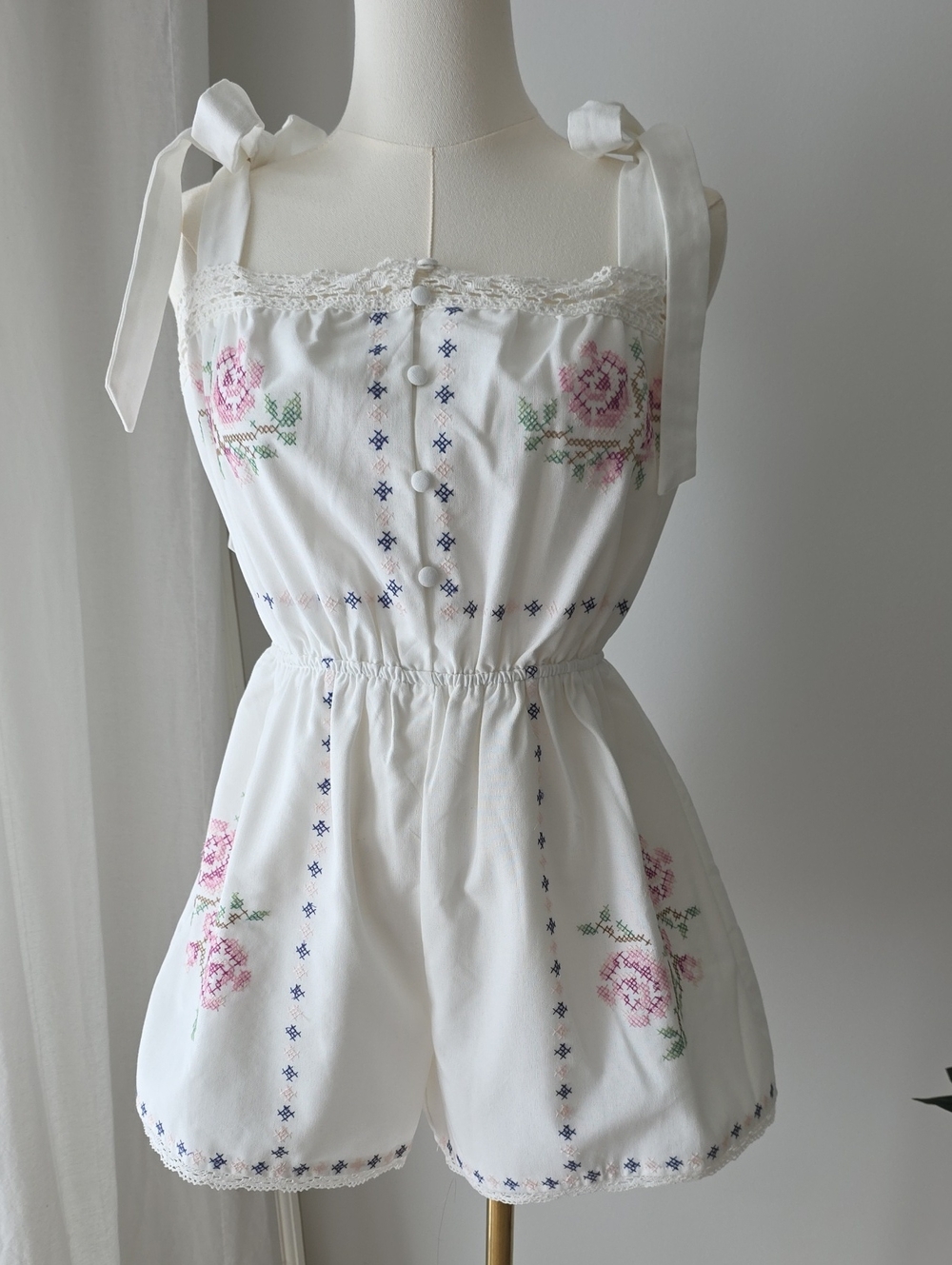 White Romper With Rose Cross Stitch Details